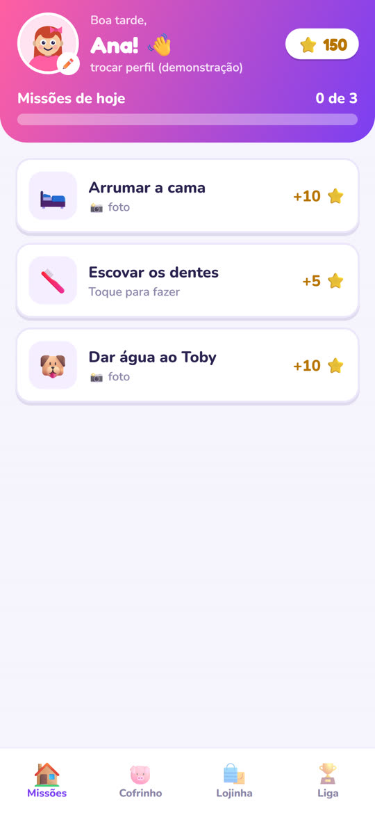 Tela com as missões do dia da criança
