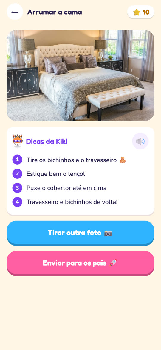 Foto da cama arrumada enviada como prova da tarefa