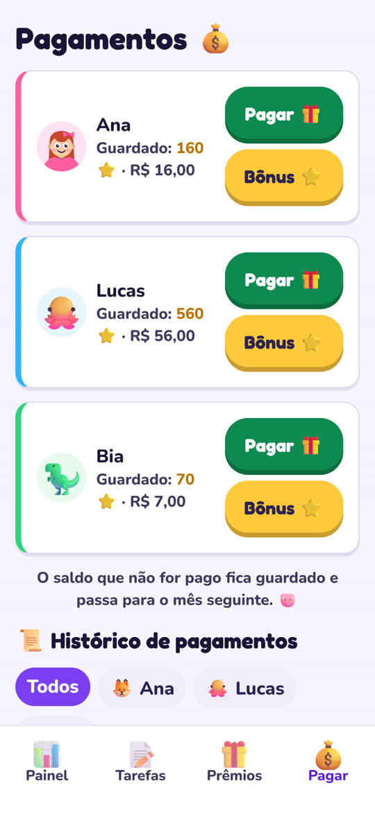 Tela de pagamentos